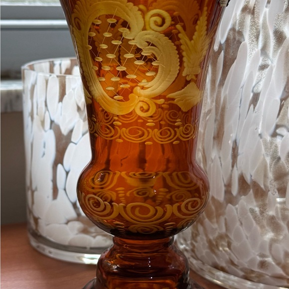 Antique Bohemian Eggerman Hand Cut Amber To Clear Crystal Goblet Vase 8.5” - Picture 1 of 1